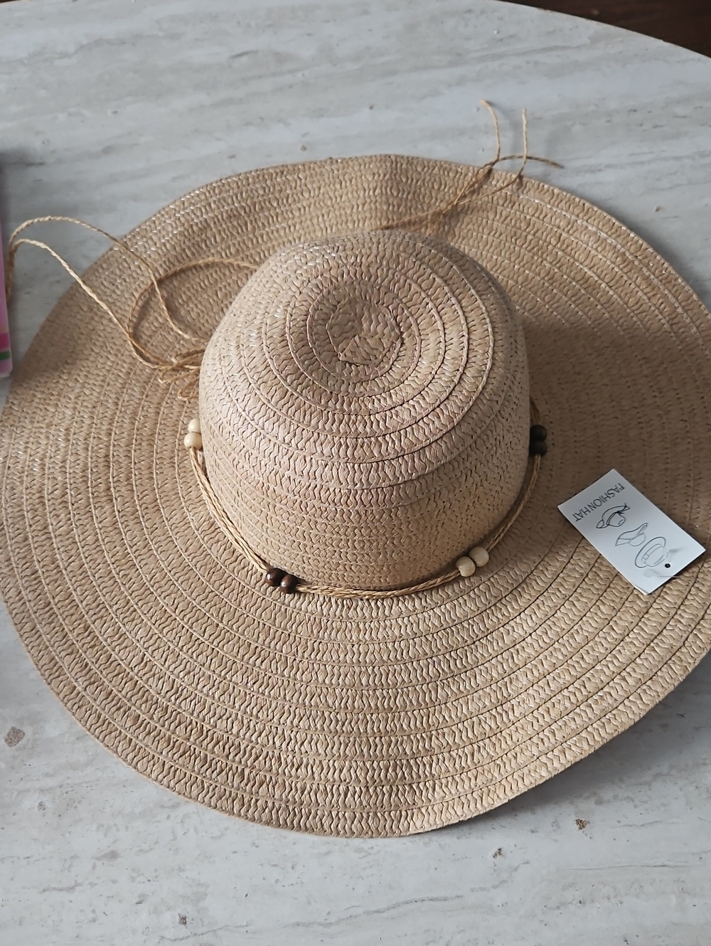 Wide Brim Straw Sun Hat with Bead Accent - Tan